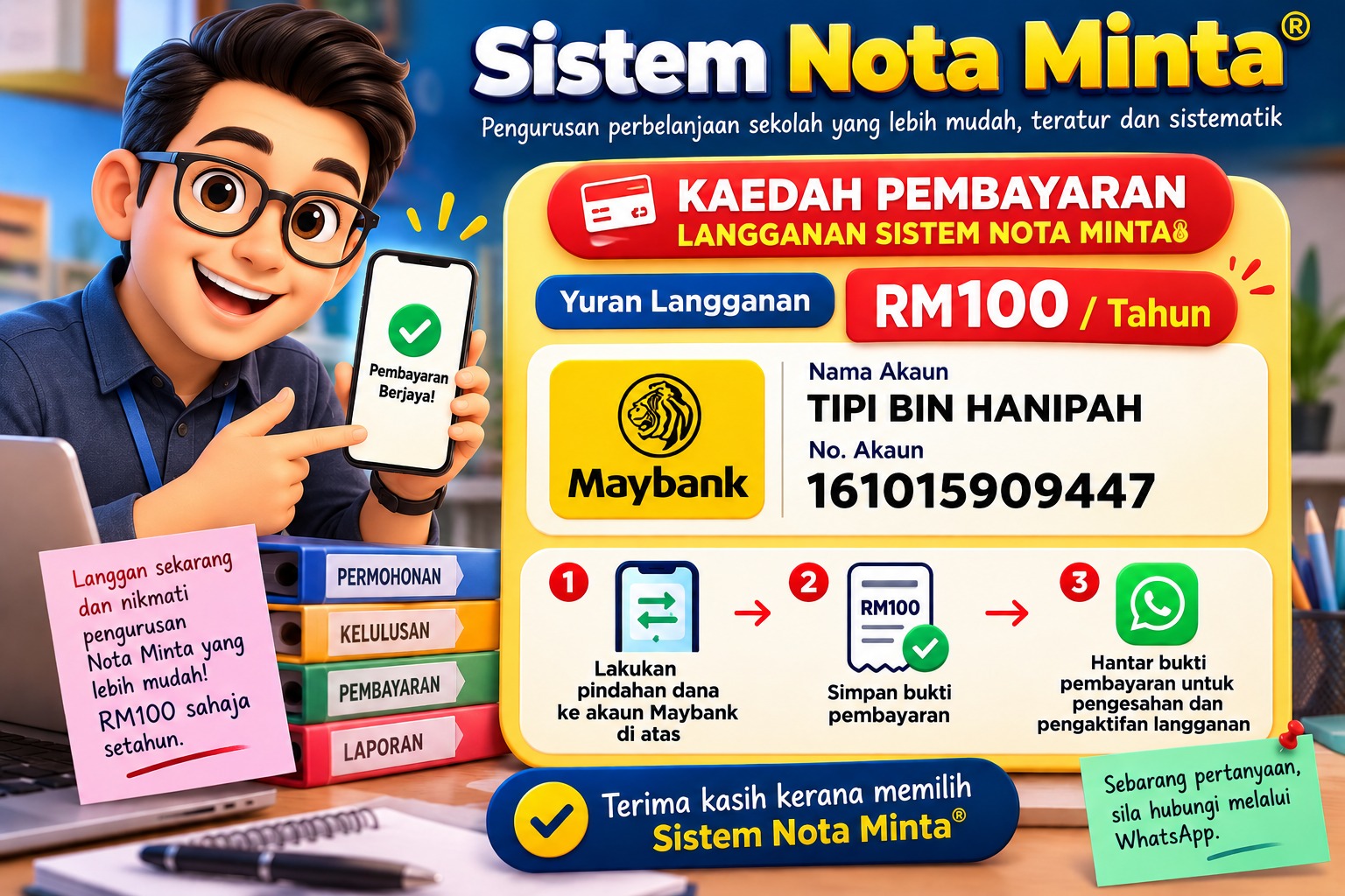 Kaedah Pembayaran Langganan Sistem Nota Minta - Maybank 161015909447 (Tipi)